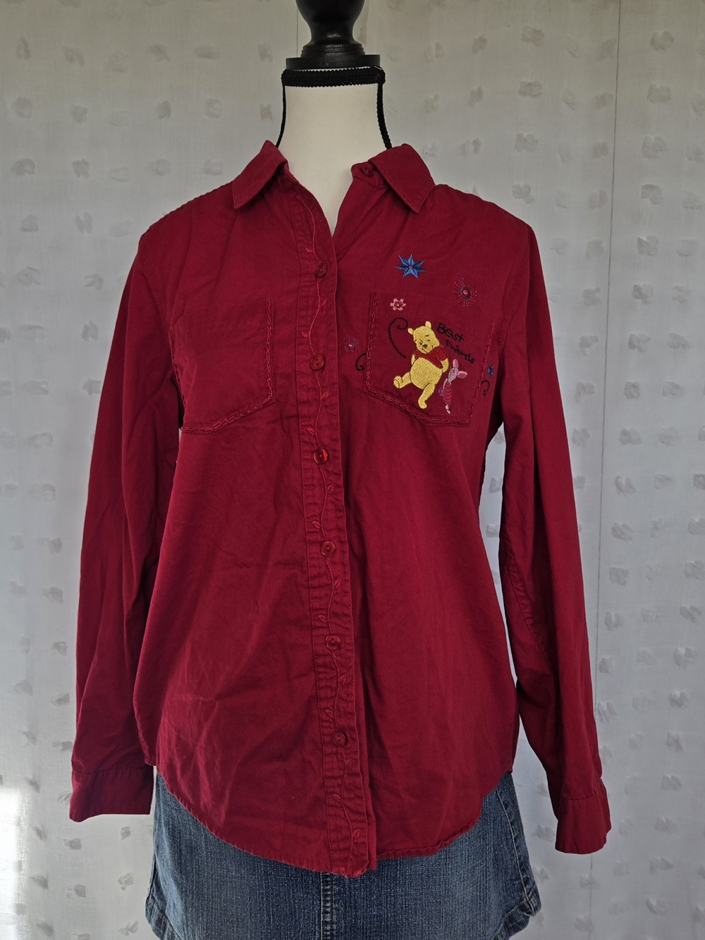Disney Winnie the Pooh Red Embroidered Button-Up Shirt for Kids